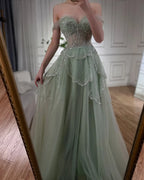 Robe de soirée élégante de luxe vert sauge, coupe trapèze, épaules dénudées, perles, pour femme, mariage, 2025, LA72605 