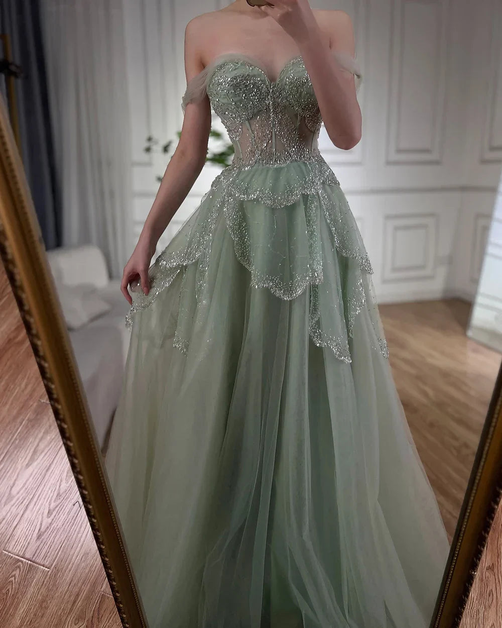 Arabic Sage Green A-Line Elegant Off The Shoulder Luxury Beaded Evening Dress for Women Wedding Party 2025 LA72605