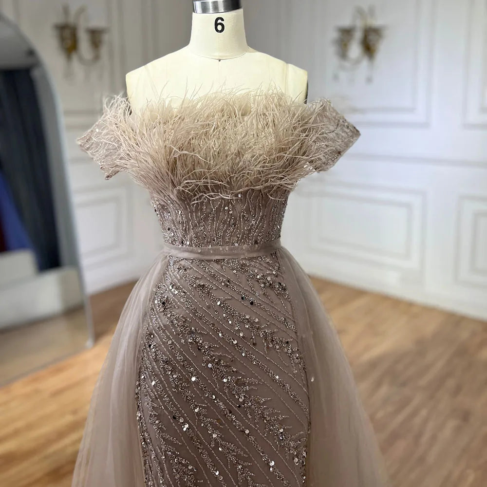 Vestidos de noche elegantes de sirena color caramelo con cuentas, estilo árabe saudí, con sobrefalda para ocasiones formales LA71634A