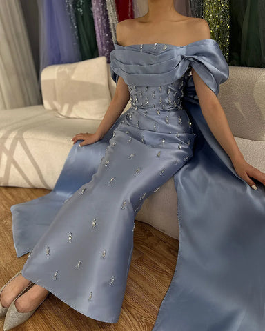 Robe de soirée sirène en satin bleu arabe, longueur cheville, avec perles et cristaux, pour femme, tenue de mariage, LA72414A 