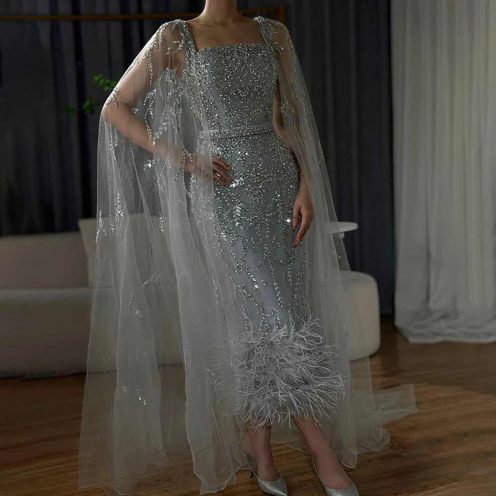 Lilac Mermaid Ankle Length Feather Beaded Luxury Evening Dress Gown with Cape LA71841
