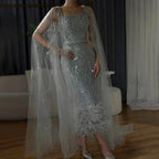 Lilac Mermaid Ankle Length Feather Beaded Luxury Evening Dress Gown with Cape LA71841
