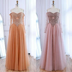 Luxury Nude Off Shoulder A-Line Beaded Evening Dress LA73038