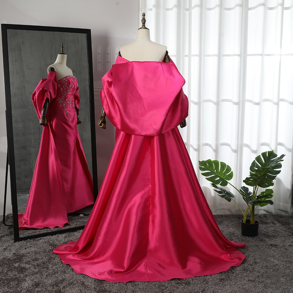 Arabic Fuchsia Satin Mermaid Strapless With Jacket Beaded Evening Dresses Gowns 2025 For Women Wedding Party LA71896