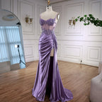 Luxury Mint Green Satin Beaded Prom Dress with Slit LA72995