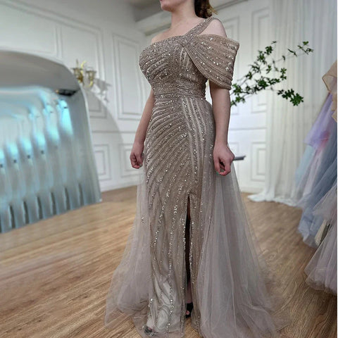 Vestido de noche elegante de sirena para mujer, con abertura alta, color turquesa, sexy, de lujo, con cuentas, 2025, LA71651 