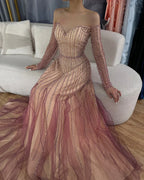 Vestidos de noche largos, elegantes, de corte A, color púrpura árabe, con cuentas, para ocasiones formales LA72752 