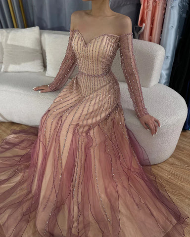 Vestidos de noche largos, elegantes, de corte A, color púrpura árabe, con cuentas, para ocasiones formales LA72752 