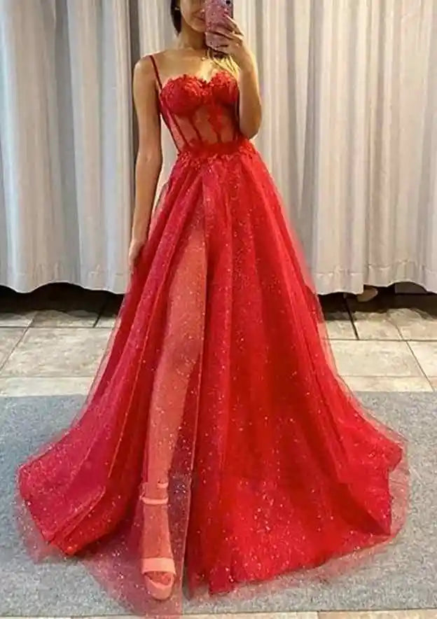 Vestido de fiesta árabe negro de corte A, escote corazón, tirantes finos, tul con purpurina y apliques, modelo LA72689 (2025) 