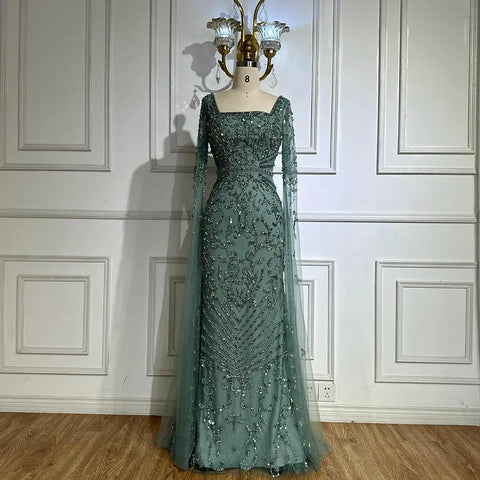 Robe de soirée longue style sirène couleur caramel, avec manches cape perlées, style arabe 2025 | Robe de soirée pour femme, LA72400A 