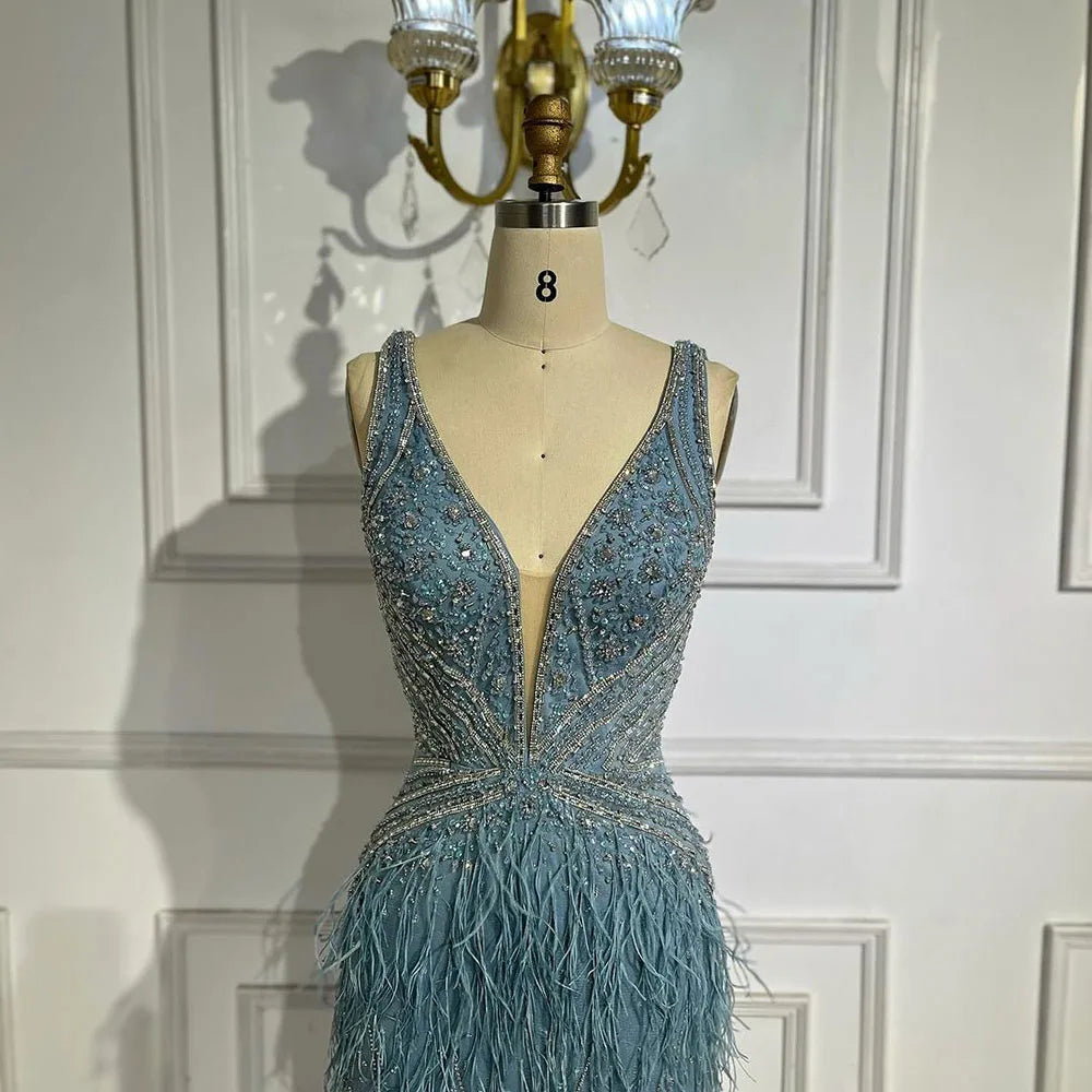 Gold Sexy High Split Mermaid Evening Dresses Gowns Backless Luxury Beaded Feather 2025 For Women Party LA71583