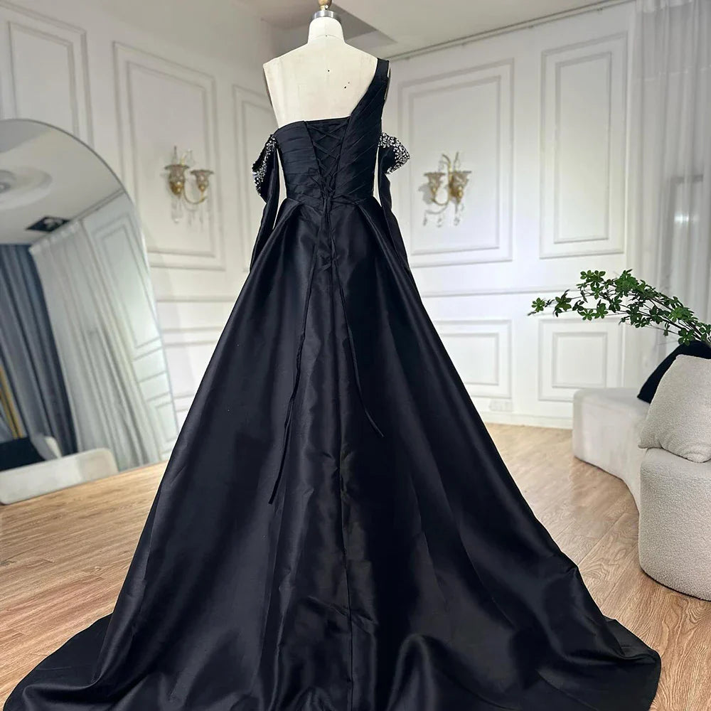Vestido de noche negro de satén con un solo hombro, corte en A, con cuentas y mangas cortas, modelo LA72741, para mujer. 