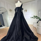 Vestido de noche negro de satén con un solo hombro, corte en A, con cuentas y mangas cortas, modelo LA72741, para mujer. 