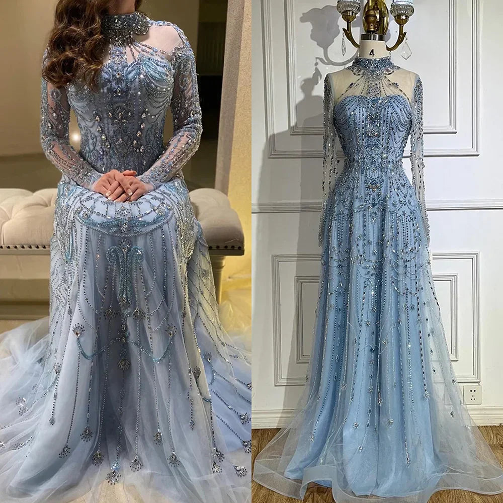 Vestidos de noche de lujo árabes de corte A, encaje azul y cuentas, para mujer, ideales para fiestas en Dubái (LA72704) 