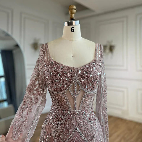 Robe de soirée de luxe perlée pour femmes, tenue de mariage, style sirène fendue, verte, Dubaï, Arabie saoudite, LA72518, 2025 