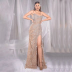 Luxury Dubai Caramel Spaghetti Strap Mermaid Beaded Evening Dresses Gowns For Women Wedding Party 2025 LA72579