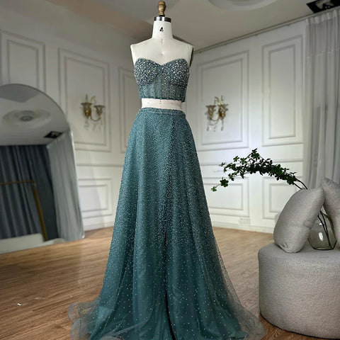 Customize 2025 Saudi Turquoise Strapless Two-Piece Evening Dress with High Split for Formal Occasion LA72786