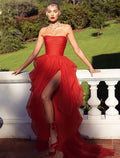 Robe de bal rouge sexy sans bretelles et fendue jusqu'à la cuisse, robe de soirée rouge S5423