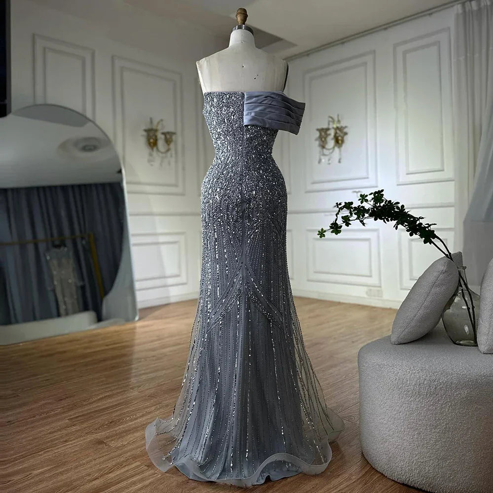 Vestido de noche largo, elegante, verde, estilo sirena, con un solo hombro y cuentas, estilo árabe, para ocasiones formales LA72650 