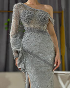 On Sale no return no refund Grey One Shoulder Luxury Evening Dresses Gowns 2025 Beaded Mermaid Elegant For Women Party LA71622