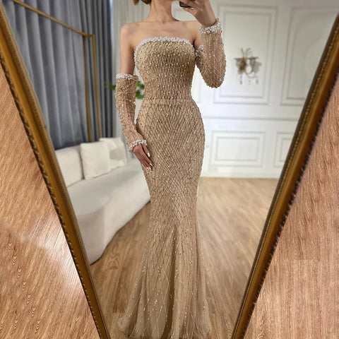 Vestido de noche árabe blanco nude elegante sin tirantes con cuentas y guantes para ocasiones formales LA72649 