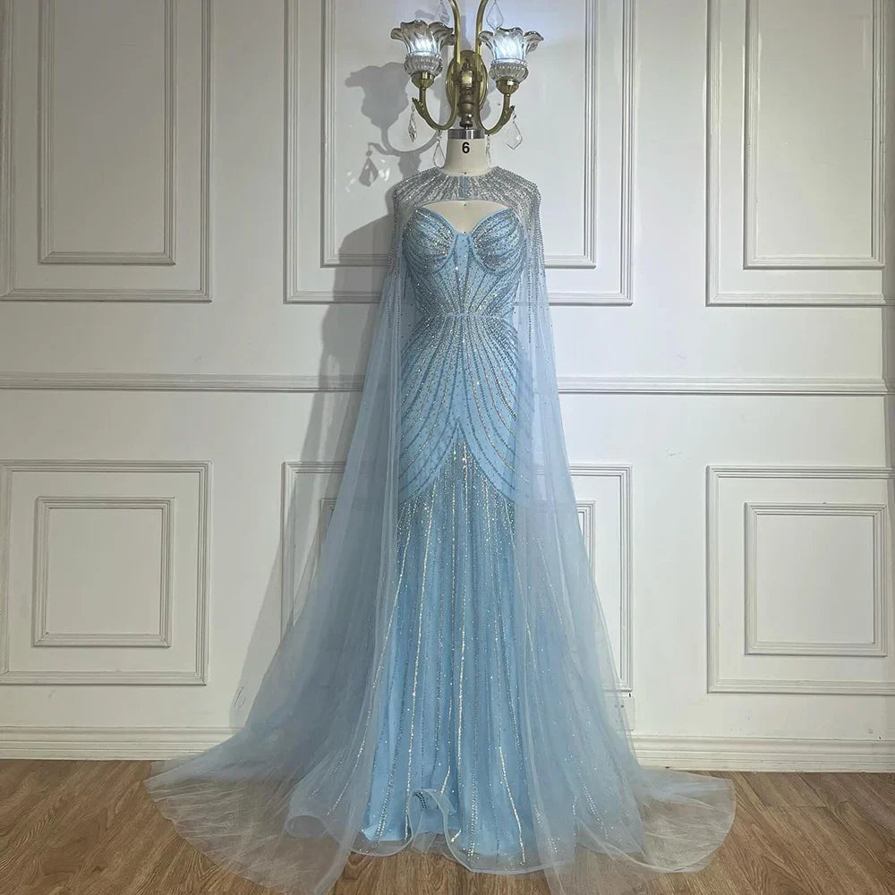 Robe de soirée arabe bleue à bretelles spaghetti et perles avec cape amovible pour une occasion formelle 2025 LA72784 