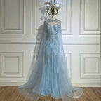 Robe de soirée arabe bleue à bretelles spaghetti et perles avec cape amovible pour une occasion formelle 2025 LA72784 