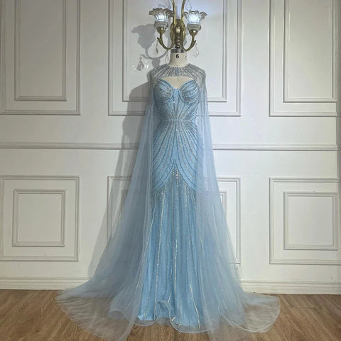 Arabic Blue Spaghetti Straps Beaded Evening Gown with Detachable Cape Dress for Formal Occasion 2025 LA72784