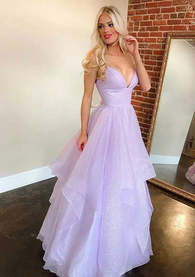 Vestido de fiesta elegante de corte A, con tirantes finos y espalda descubierta, color lila árabe, modelo 2025 | Ideal para bodas y fiestas | LA72676 
