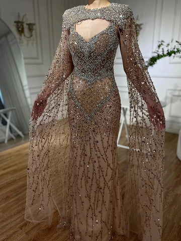Robe de soirée sirène nude 2025 avec cape amovible en cristal et perles, pour une occasion formelle, LA72539 