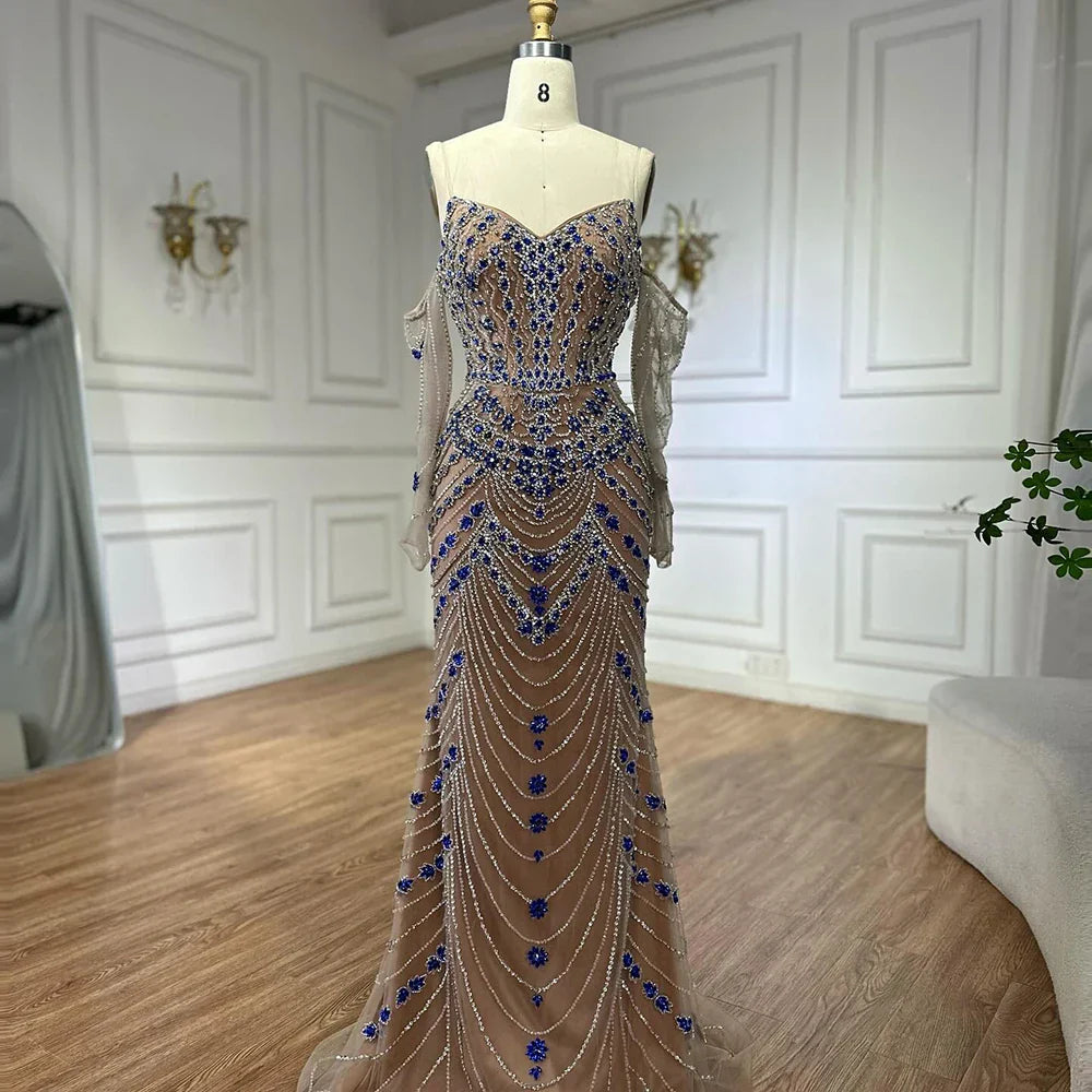 Luxury Blue Beaded Evening  Dress Gowns Beaded For Formal Occasion LA72858