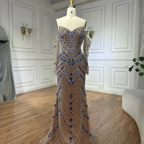 Vestido de noche azul de lujo con cuentas, ideal para ocasiones formales LA72858