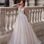 Apliques Vestido De Noiva con cuello en V profundo Vestidos De Novia De manga larga Vestidos De Novia De encaje Robe De Mariée