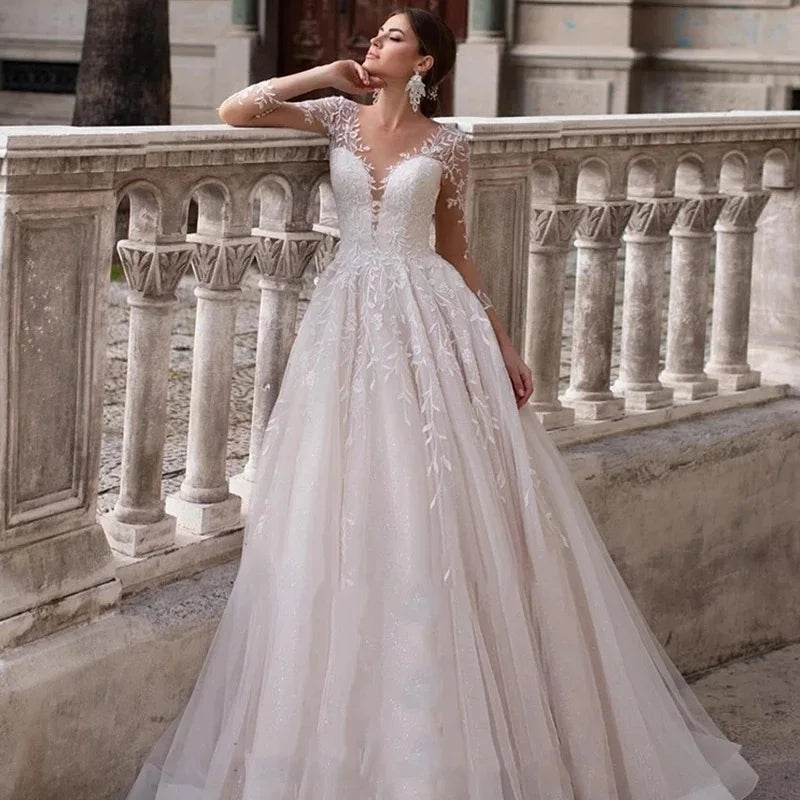 Apliques Vestido De Noiva con cuello en V profundo Vestidos De Novia De manga larga Vestidos De Novia De encaje Robe De Mariée