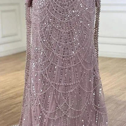 Robe de soirée sirène turquoise saoudienne 2025, avec manches cape perlées et perles, pour une occasion formelle, LA72590A 