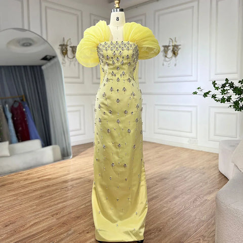 Vestido de noche amarillo de lujo con cuentas y capa LA72756