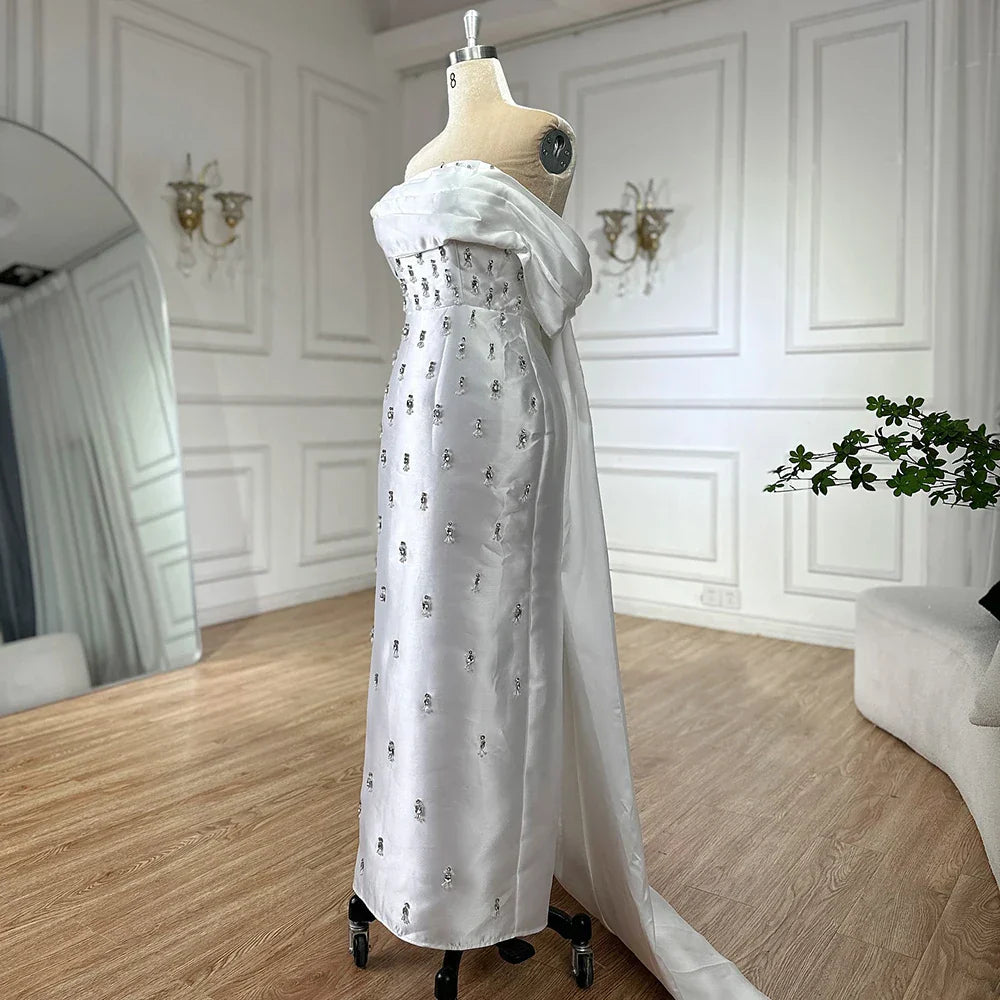 Vestido de noche sirena de satén azul árabe con cuentas de cristal hasta el tobillo, ideal para bodas y fiestas (LA72414A) 