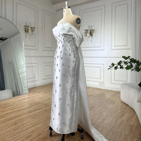 Robe de soirée sirène en satin bleu arabe, longueur cheville, avec perles et cristaux, pour femme, tenue de mariage, LA72414A 