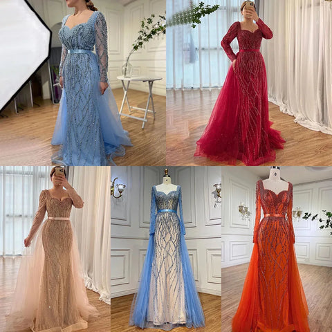 Blue Mermaid Luxury Pearls Beaded Arabic Elegant Evening Dresses Gowns For Woman Wedding Party LA71861