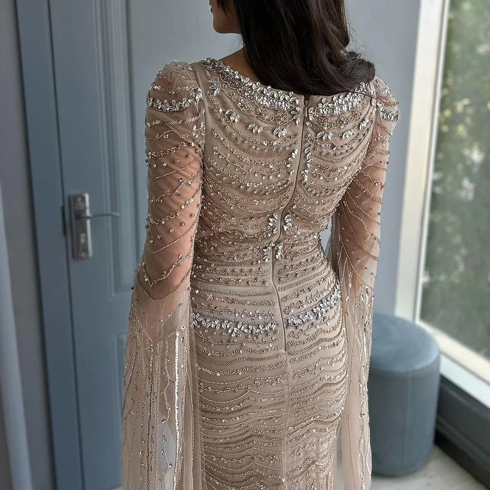 Luxury Beaded Caramel Evening Dress with Cape Sleeve LA72604
