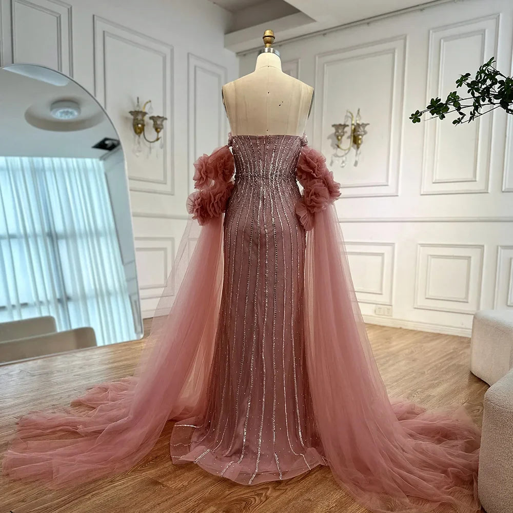 Luxury Pink Beaded Mermaid  Arabic Evening Dress with Cape LA73019
