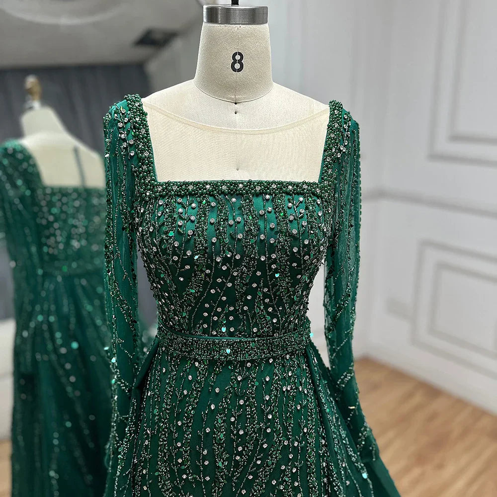 Vestidos de noche de sirena con sobrefalda, color verde árabe, bordados con cuentas, vestidos de lujo para ocasiones formales 2025 LA72710 