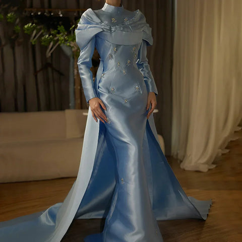 2025 Muslim Blue Mermaid Beaded Satin Luxury Saudi Evening Dress Gown Overlay Skirt for Formal Occasion LA72414M