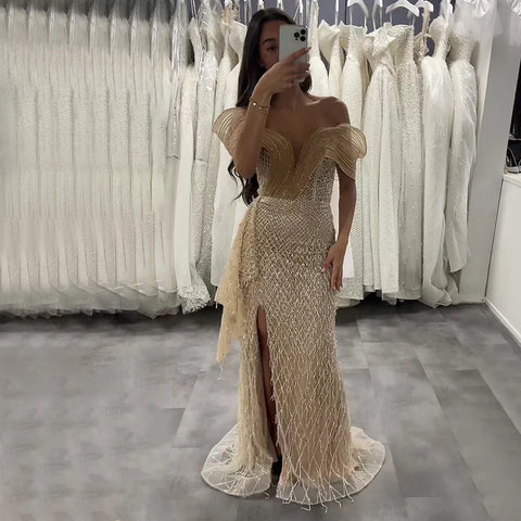 Robe de soirée sirène bleu saoudien 2025, épaules dénudées, avec perles et fente latérale, pour une occasion formelle, LA72867 