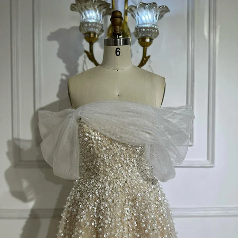 Robe de soirée longue élégante en dentelle bleu arabe, épaules dénudées, avec perles, pour occasions formelles, LA72009A, 2025