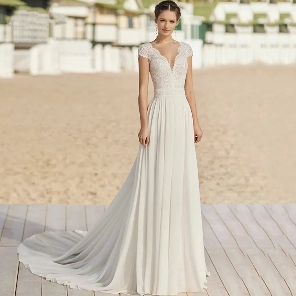 Bohemian V Neck Chiffon Wedding Dresses Short Sleeve Illusion Buttons Back Lace Vestido De Noiva Robe De Mariee
