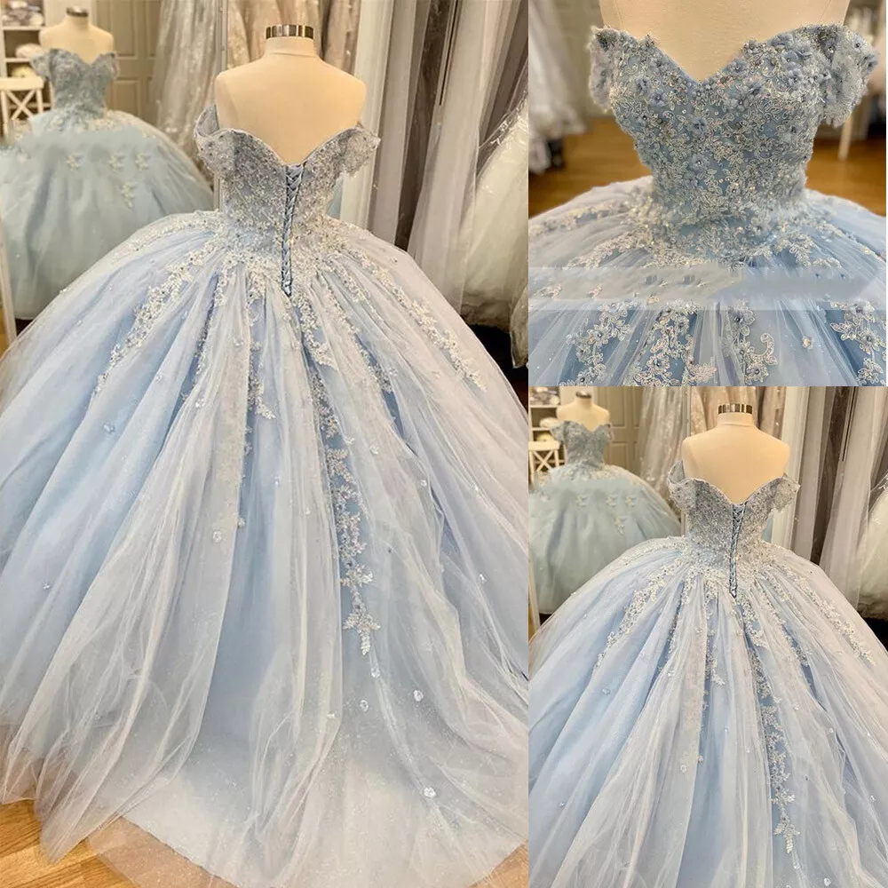 Vestido de baile azul de tul y encaje con hombros descubiertos, vestido azul para quinceañera, vestido de princesa Y2061