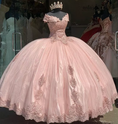 Vestido de quinceañera de baile con hombros descubiertos, tul, apliques de encaje, color rosa dulce Y7728
