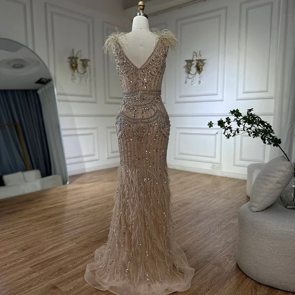 Vestido largo de noche estilo sirena con abertura lateral, elegante, azul árabe, con cuentas y plumas, ideal para ocasiones formales (LA72742) 