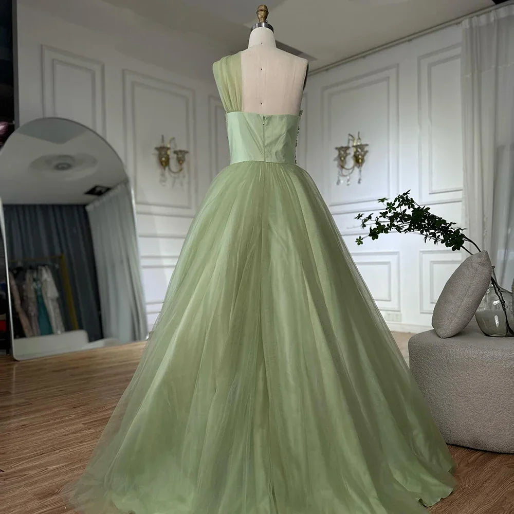 Vestido de noche largo árabe elegante de un solo hombro, corte en A, apliques, color verde salvia, ideal para ocasiones formales (LA72783) 